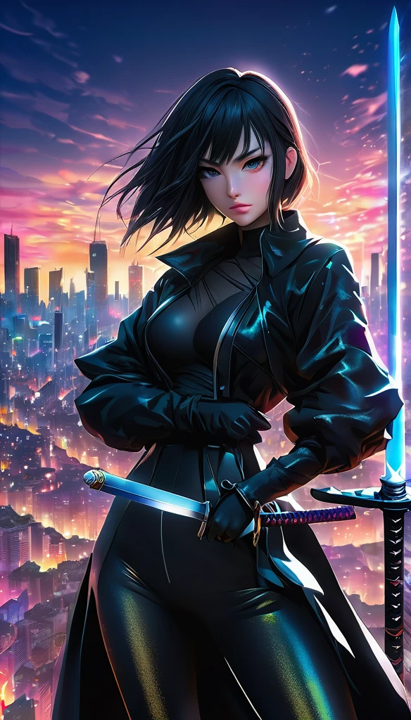 a woman in a black outfit holding a sword in front of a city, best anime 4k konachan wallpaper, hero pose colorful city lighting, anime wallpaper 4k, anime wallpaper 4 k, badass anime 8 k, anime styled 3d, anime style mixed with fujifilm, 4k anime wallpaper, anime art wallpaper 8 k, anime style 4 k