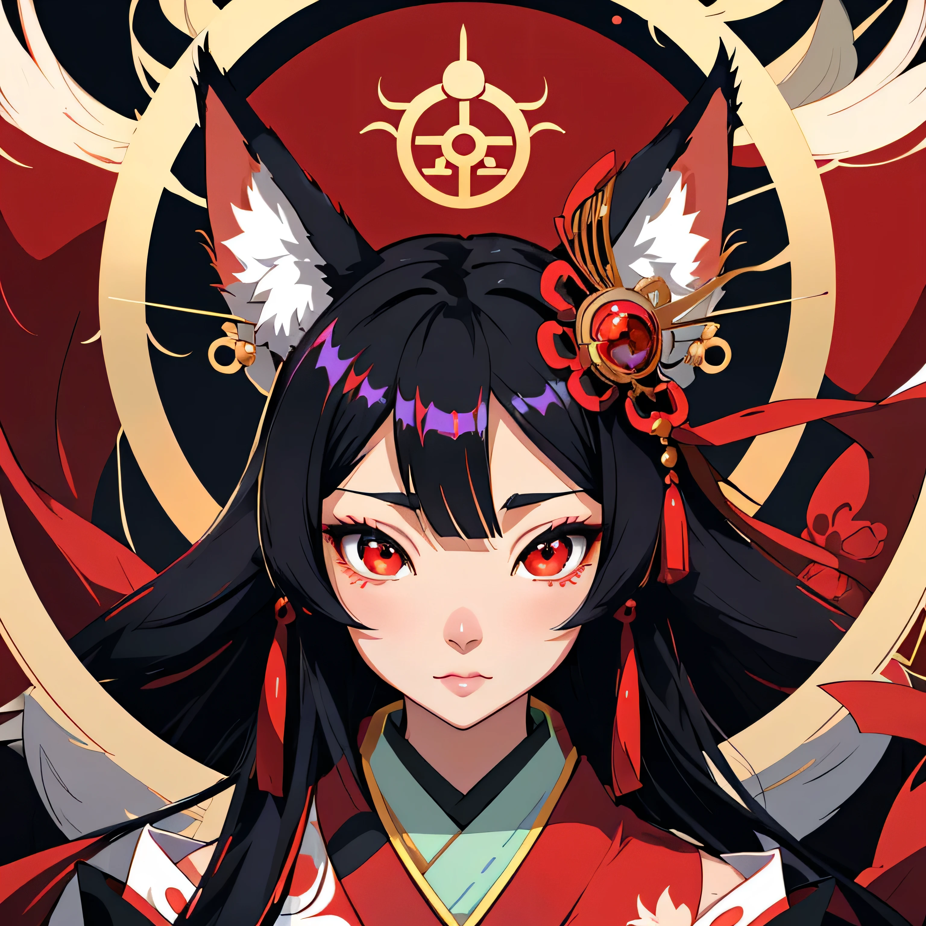 High quality, masutepiece, 1girl in, Fox Woman、Very beautiful adult woman、A detailed face、high-level image quality、Detailed background、She wears a very beautiful red kimono、Sleepy face、very long beautiful black hair、Her eyes are a beautiful blue color.、The inside of the eye shines like a diamond、Fox ears are white、Bust D、(very long and beautiful shiny black hair,,,,,,,,,)(Fox ears are white)、Very beautiful female anime girl with long black hair and red and white kimono, portrait onmyoji, onmyoji detailed art, Onmyoji, artgerm and atey ghailan, anime style 4 k, Anime girl with fox ears, beautiful anime catgirl, anime style artwork, by Yang J, digital anime illustration, portrait of ahri, anime style illustration、Cheerful pose、Background Shrine