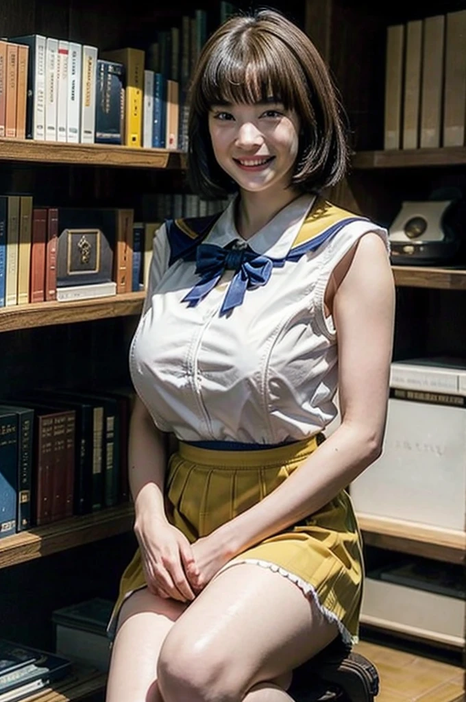 Highest quality、Masterpiece、Highest quality、One Japanese woman、Age 25、(gigantic breasts:1.5)、thin waist、(yellow school uniform, bowtie, sailor collar, pleated skirt)、(very short skirt:1.3)、(Smile lightly)、indoor、(Japan Library、Many books棚)、(surrounded by very large bookshelves:1.5)、Many books、6-seater desk、Chair、sit、(Thighs:1.5)、cinematic light、The setting sun shines through the large windows