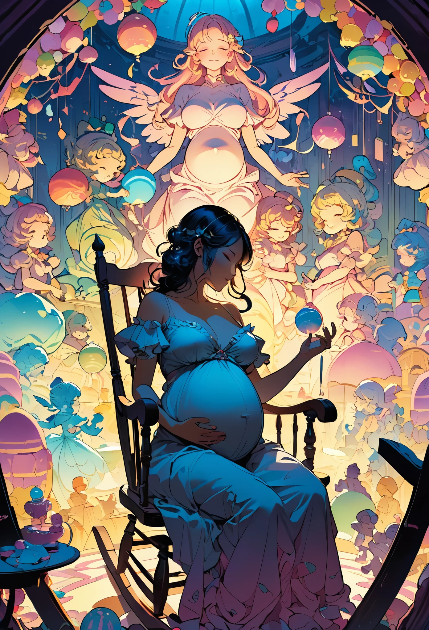 Multiple exposure of the silhouette of a pregnant woman who is about to give birth, sitting and sleeping in a rocking chair, Candyland Angels, Fantasy Concept Art, Shadow play, (Highest quality, masterpiece, Representative works, Official Art, Professional, Super intricate details, 8k:1.3)
