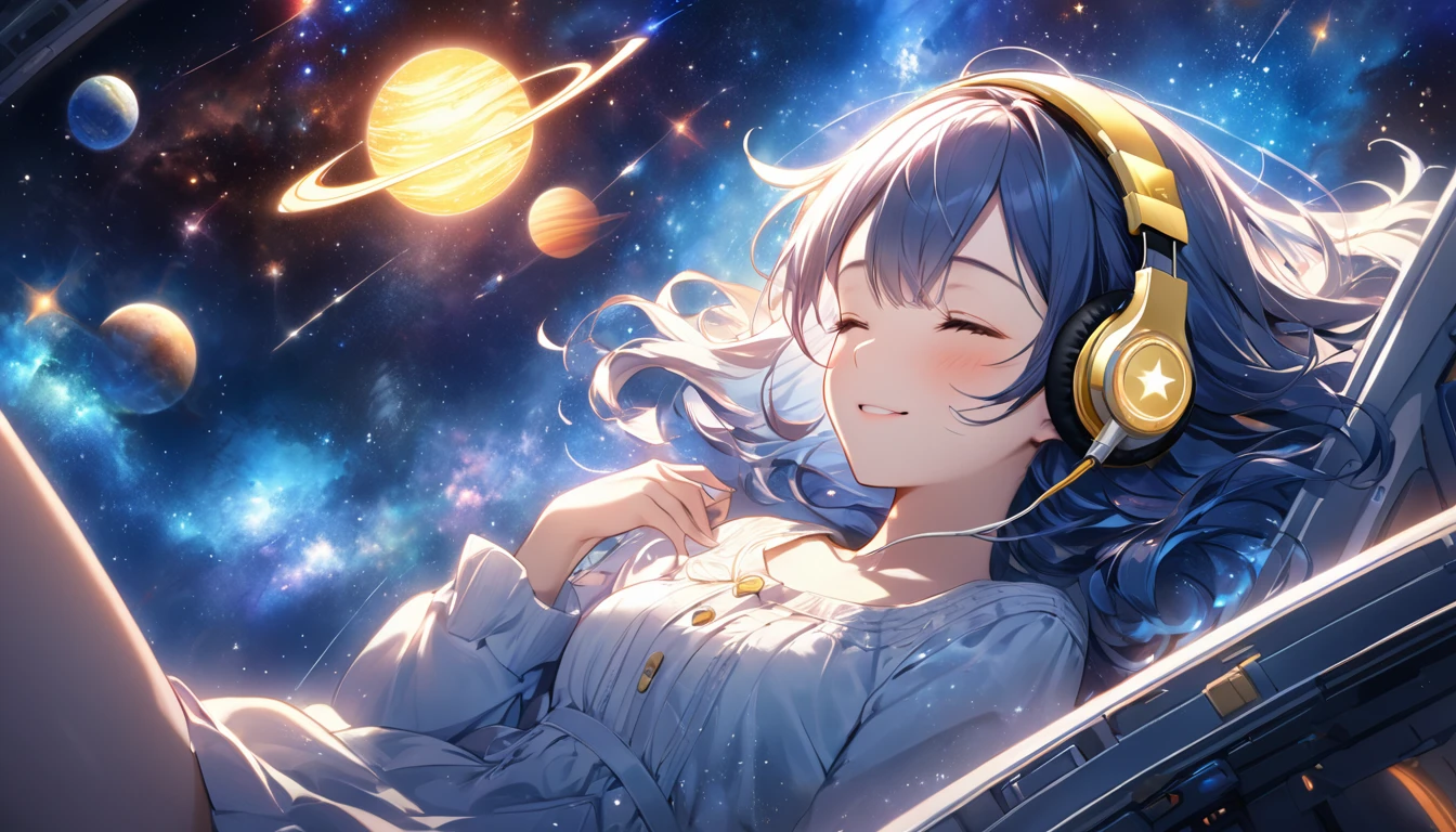 Immerse yourself in the nebulae of space, Show stars, Shine, color, A girl floating softly in a beautiful galaxy、Sleeping soundly with headphones on、A smile like the sun、Beautiful starry sky、She's drooling in a cute way.,Whole body、LOFI Girl、Highest quality, masterpiece, Attention to detail, Super intricate details、moon、((The person is much smaller than the background))