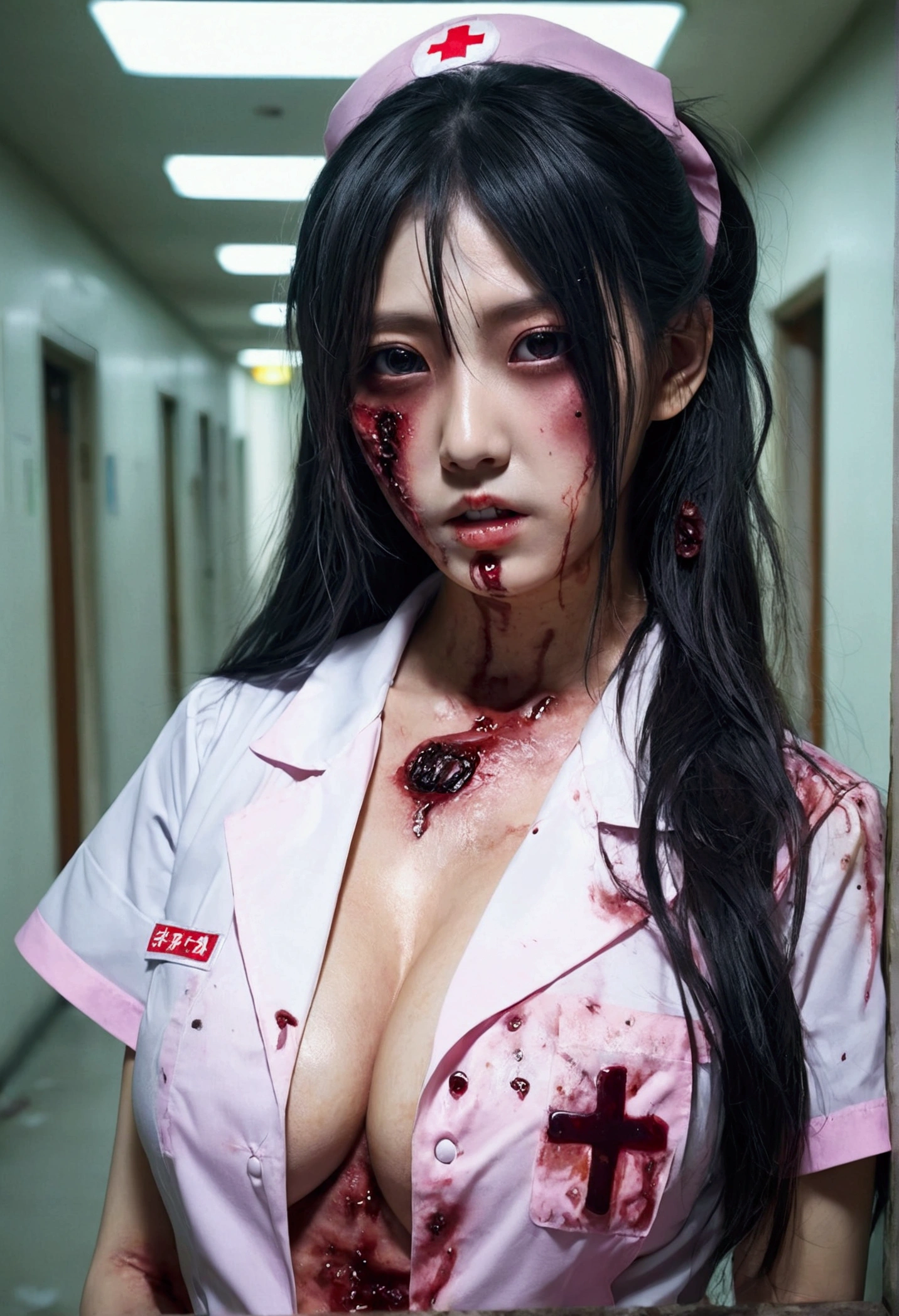 Zombie Nurse Pink、Big Breasts、See-through、beautiful girl、Cute Face、Rotten body、Wounded body、Dead look、Long Hair、Small face、Japanese、background: Abandoned hospital