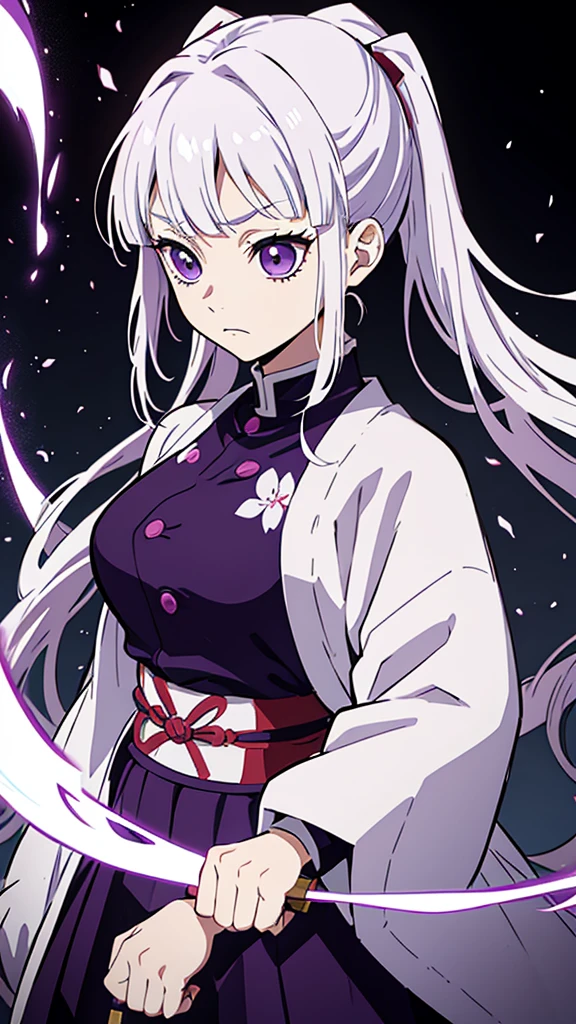 Kimetsu no Yaiba style, 1 mature, girl, purple eyes, a hashira, pretty, long white hair in very low pigtails at bottom of head, curtain bangs, tired expression, noble, Pillar Demon Slayer, holding a sword, wearing demon slayer mitsuri kanroji uniform, holding a white demon slayer sword, dark and dreamy background