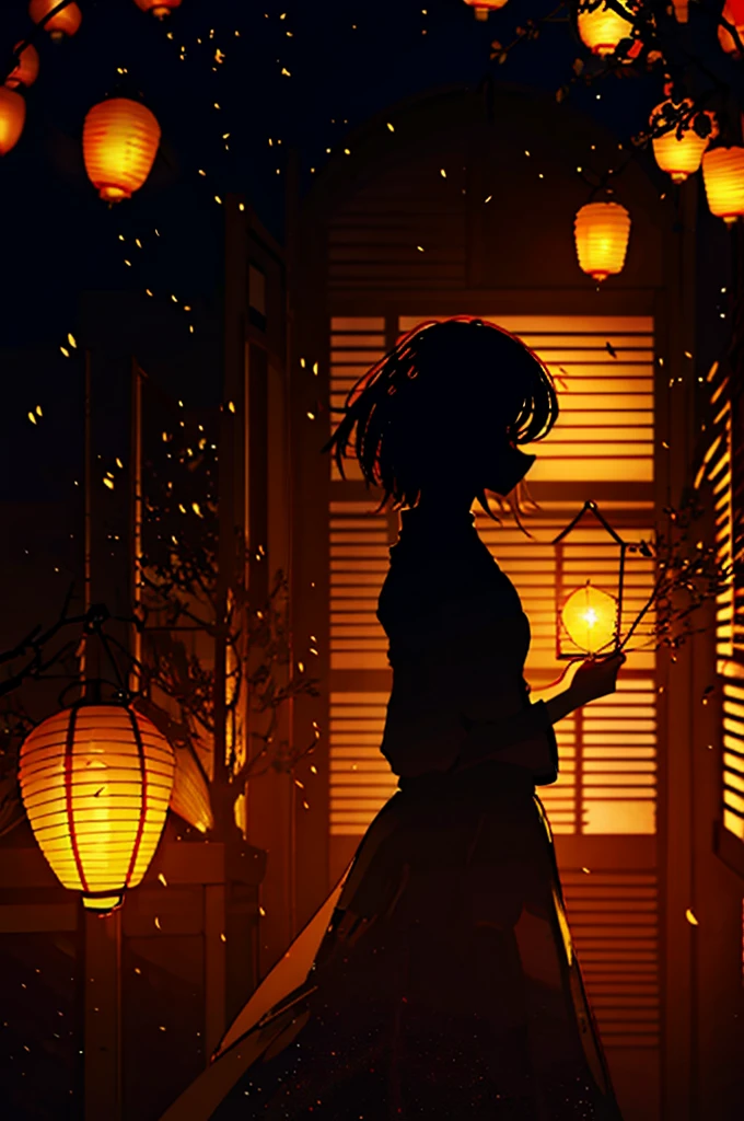 silhouette, Particles of light,Medium hair woman, Close up background, Many lanterns,(night桜) , night, night空, Better Hands,Beautiful composition,High resolution