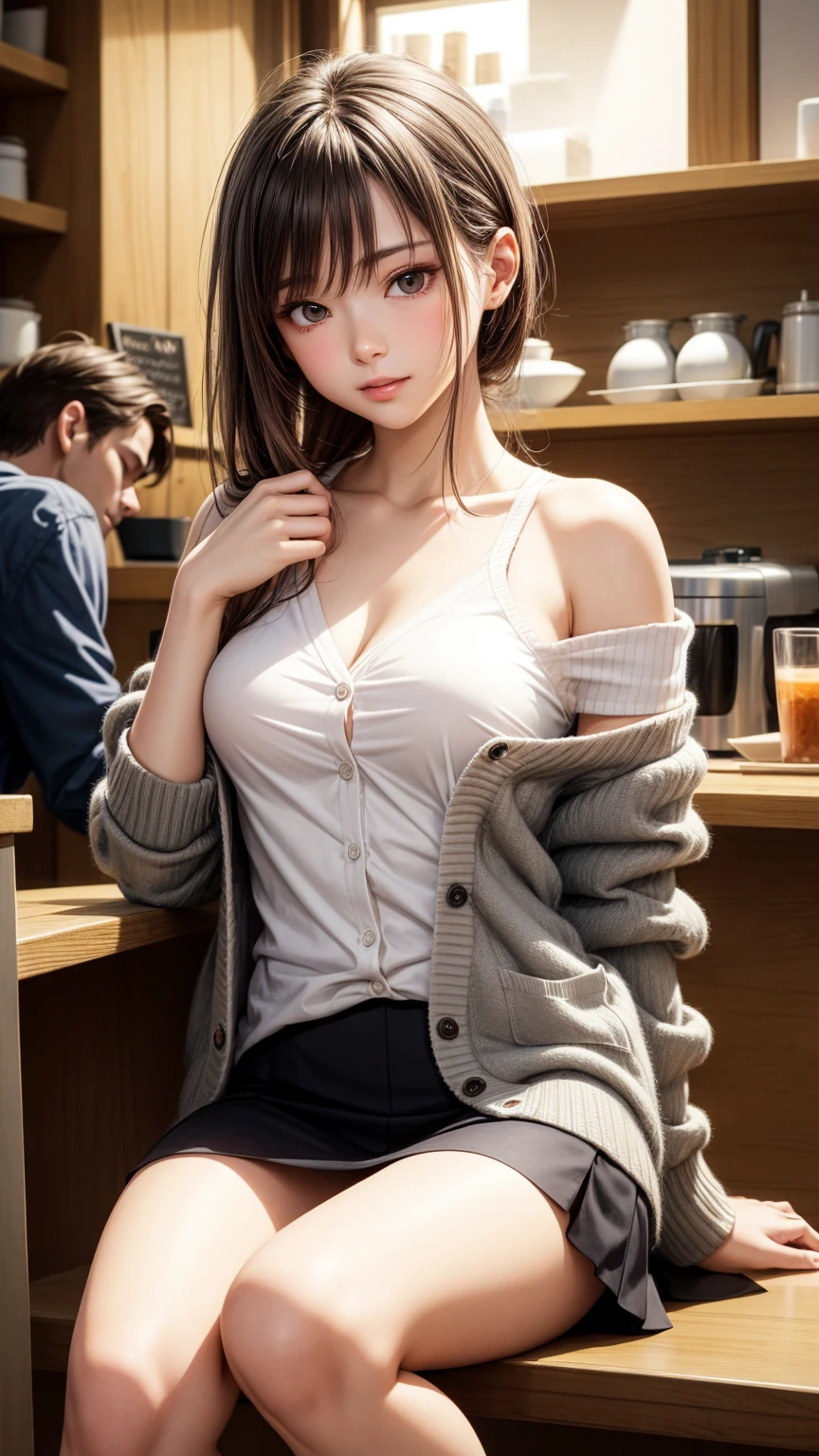 8K quality、high resolution、realistic skin texture、high resolutionの瞳、man sleeping at the counter、woman sitting on man、A female cafe owner seduced a male customer.、Neat cardigan and miniskirt、thin、model body type、、off the shoulder、realistic female genitalia