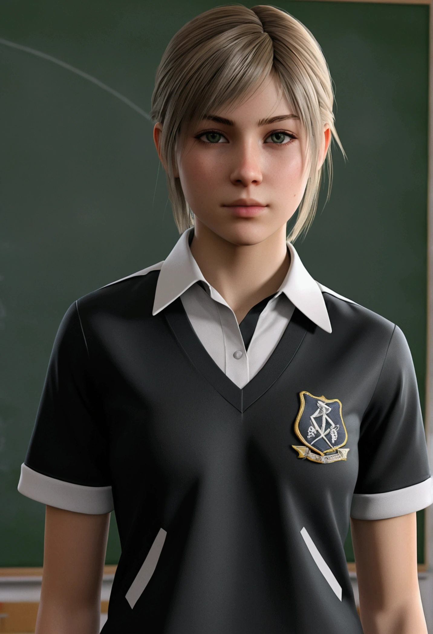 1fille, portrait de la photo de re4ashley, athletic, uniforme scolaire noir, chemise blanche, Classroom, volumetric lighting, best quality, head of&#39;artwork, intricate details, mappage de tons, sharpness, super detailed, tendance sur artstation, realistic, 