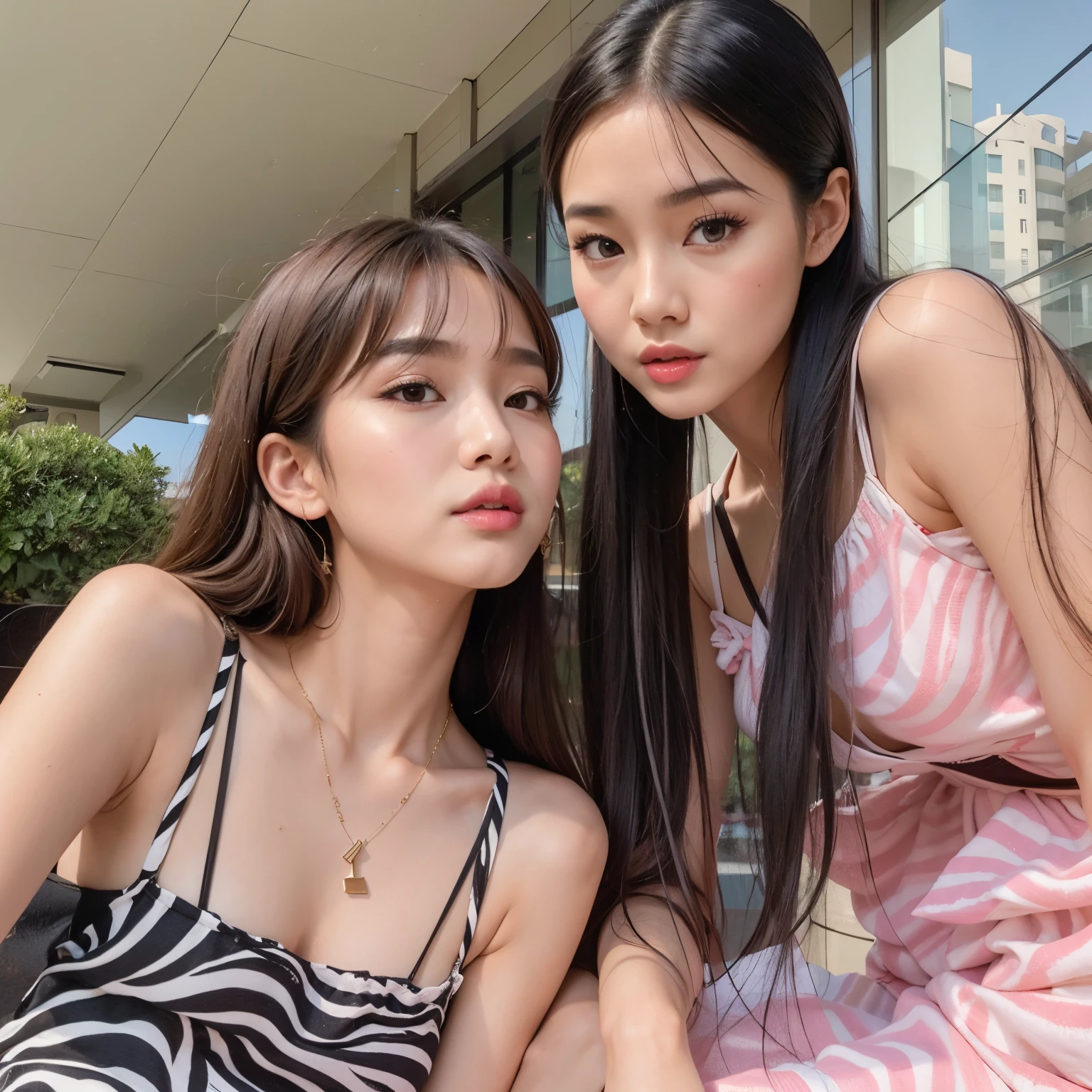 Two Asian women sitting on a bench in front of a building, Best Face, two models in frame, two girls, In black, Popular Korean Makeup, Nixeu e Sakimichan, Profile picture, Korean female fashion model, popular korean makeup, With Ivy, hime cut, 🔞🤡, Beautiful young Korean woman, Jinyoung Canella