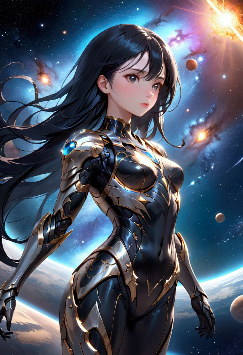 A girl with long black hair, black eyes, fair skin tone, slender and athletic built, cosmic armour, detailed hair, detailed body, aesthetic, best quality, 8k