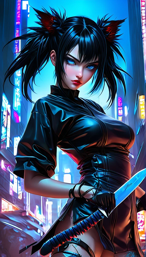 a woman with black hair and blue eyes holding a knife, cyberpunk art by Yuumei, pixiv contest winner, gothic art, anime style 4 k, anime art wallpaper 4k, anime art wallpaper 4 k, anime art wallpaper 8 k, anime wallpaper 4k, anime wallpaper 4 k, badass anime 8 k, detailed digital anime art, demon anime girl