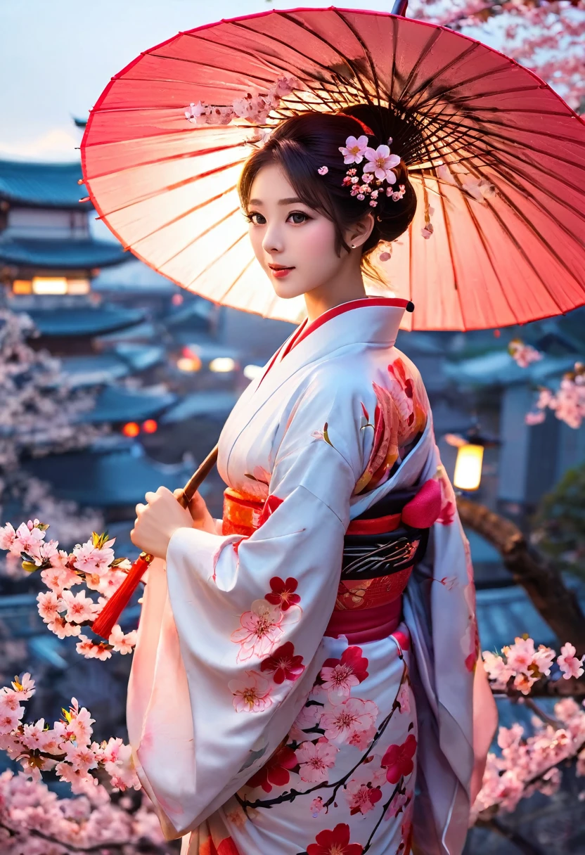 Bobcut, Kimono women, whole body, Hairpin, Japanese Umbrella, Lantern, Night cityscape, cherry blossoms, camellia,