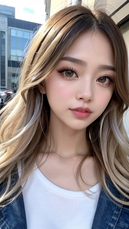 Small breasts、 (curly/Natural Hair)、(Long silver hair)、(Casual clothing:1.4)、(Exposing the breasts:1.2), (Showing nipples:1.3), Browsing Caution, (Cowboy Shot、Highest quality、8k、Award-winning works、Ultra-high resolution)、One beautiful woman、(blonde:1.1)、Bright color contacts、Perfect Makeup、Bright and shiny lipstick、(Very heavy makeup:1.2)、(Deep pink around the eyes:1.1)、Beautiful bright eyeshadow、Heavy makeup around the eyes、(Romantic affection:1.1)、The best smile when he sees me、(Many of them emphasize the body line..:1.1)、(Strongly blurred vibrant Harajuku city background:1.1)、(Strongly blurred background:1.1)、Accurate anatomy、Ultra HD Hair、(Ultra-high resolutionの完璧な美しい歯:1.1)、Ultra-high definition beauty face、Ultra HD Hair、Ultra HD Shining Eyes、輝くUltra-high resolutionの美肌、Ultra-high resolutionの艶やかな唇