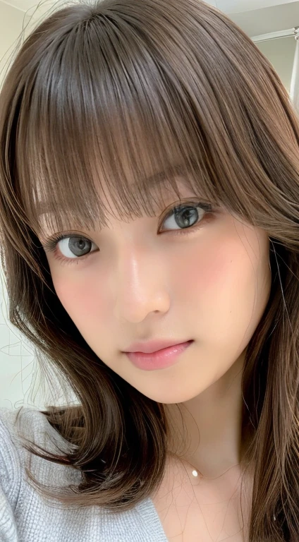 ((Selfie 1.6))、front、From the chest up、Straight hair、｟Looking into the camera｠Brown Hair、With bangs、Highest quality, Masseter region, Ultra-High resolution, (Realistic:1.4), RAW Photos, High resolution, High resolution, masterpiece、30-year-old woman、In the apartment