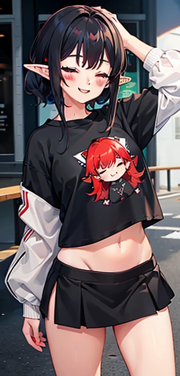 1 Girl, eyes closed, nose, elf ear, eyebrow, smiling, teeth, big red hair, black hair ends, bangs, hair between eyes, lora:add_detail, short sweatshirt on belly, short skirt, slim waist, belly , big chest, thick legs, big thigh, standing