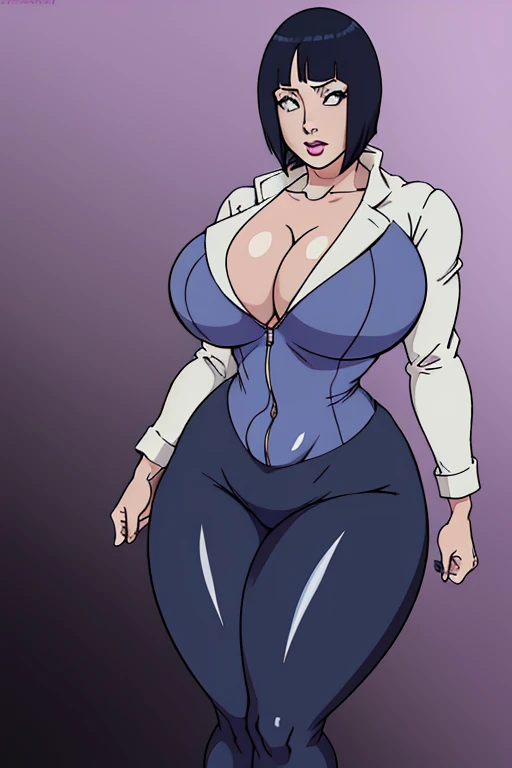 1girl, thick thighs, luxury model, putting on jewelry, Curvy figure, sculpted calves, chic ensemble, stylish high class aesthetic, wide hips, contemporary professional makeup, eyeshadow, narrow waist, eyeliner, lipstick, expensive heels, tight, Tight shirt with cleavage and open navel, gradient hair, dark blue hair, short pixie Bob hair, hyuuga_hinata inoue orihime, tight blue yoga pants, photoshoot, (masterpiece, best quality, high quality, high detail, detailed face, detailed eyes, detailed body)