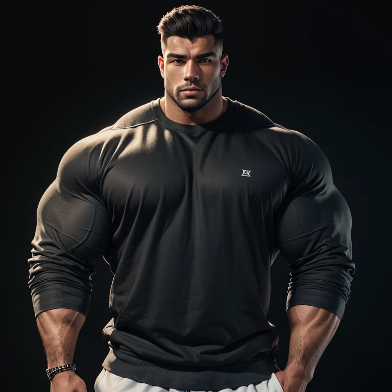 a very handsome young man, with massively large muscles, massively muscular, with massively large biceps, with massively large arms, wearing a half blue sweatshirt with long red sleeves, on a black background