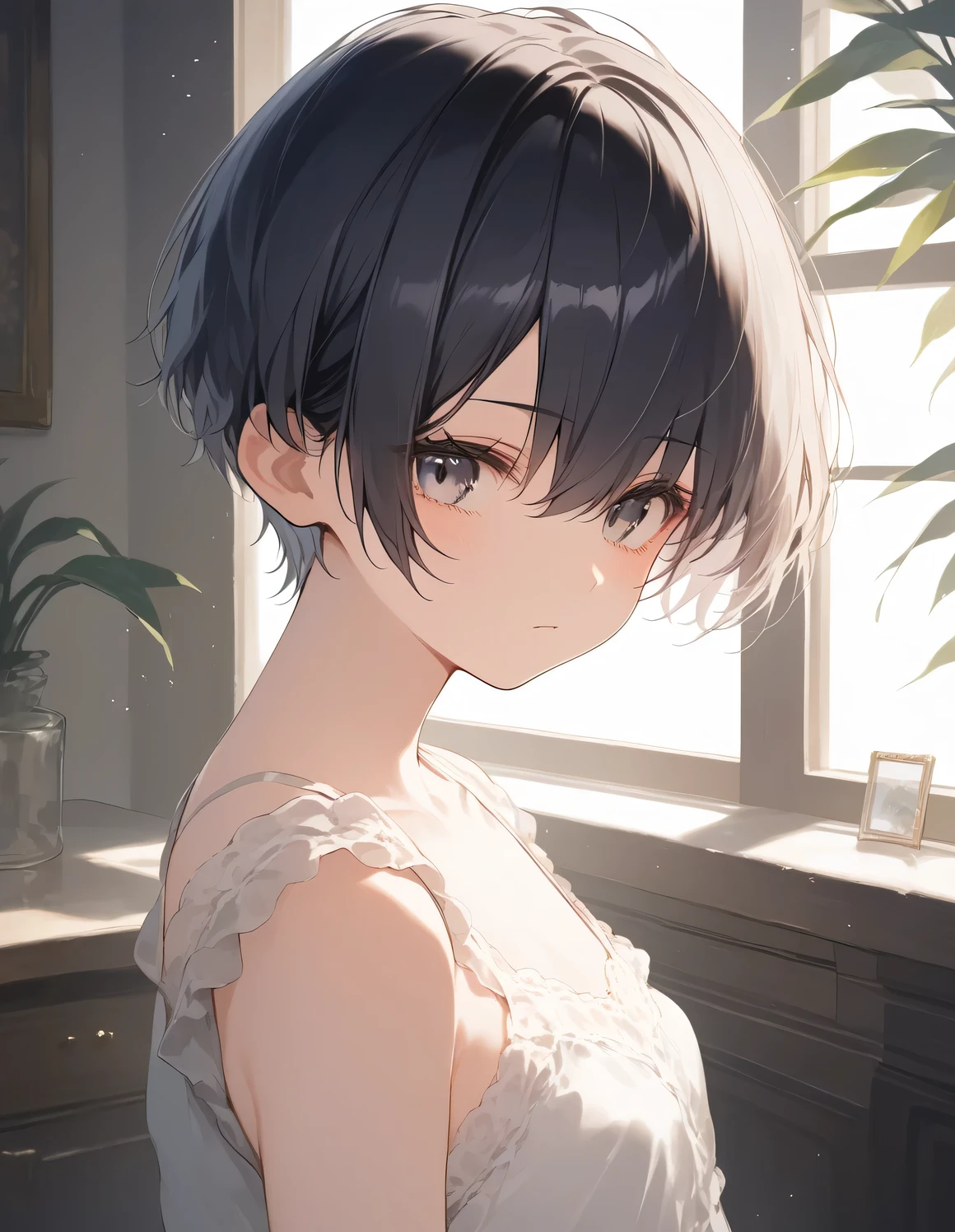 score_9, score_8_up, score_7_up, source_anime, best quality, masterpiece, official art, absurdres, highres, ultra-detailed,waifu2x,JAV Cover,break,1girl, tomboy, idol girl, very short hair, pixie cut, small breasts, beautiful detailed eyes, expressionless, sleepily, indoors, break,(clear line illustration:1.2), super detailed skin,very high resolution, very aesthetic, Best sexual lighting powered by famous artist, 8k,cute picture,beauty illustration,photoshop_(medium),,(Detailed Lighting),best anime 8k konachan wallpaper, pixiv contest winner,