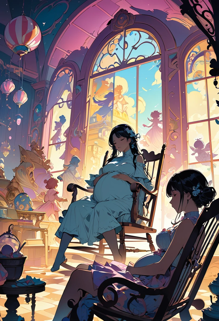 Multiple exposure of the silhouette of a pregnant woman who is about to give birth, sitting and sleeping in a rocking chair, Candyland Angels, Fantasy Concept Art, Shadow play, (Highest quality, masterpiece, Representative works, Official Art, Professional, Super intricate details, 8k:1.3)