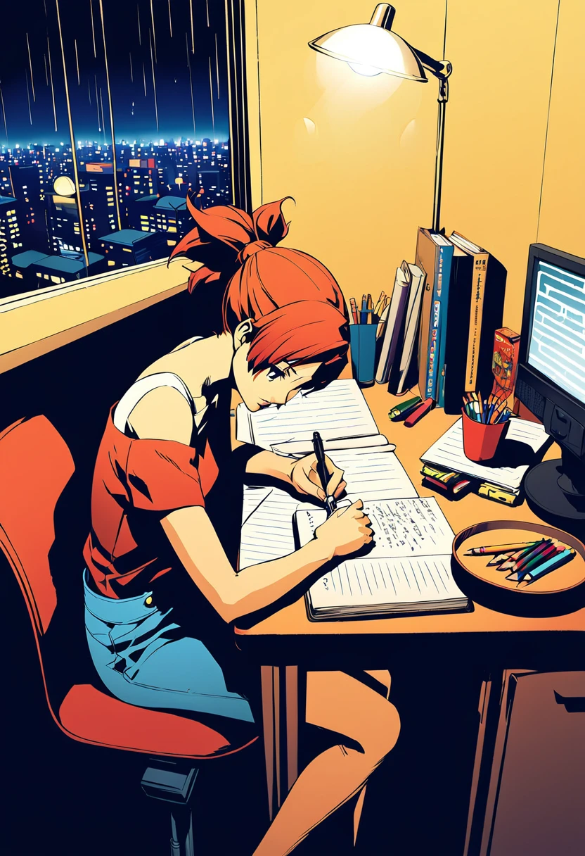 A nighttime cityscape serves as the backdrop for an anime-style illustration. The scene features a young woman sitting at a desk, writing in a notebook while studying. Rain is falling outside, with droplets visible on the window, and the city lights create a vibrant urban atmosphere. Inside the room, a desk lamp illuminates the woman and her workspace, casting a warm glow. The woman, styled in the characteristic look of manga artist Eguchi Hisashi, has long hair tied back in a ponytail and is dressed in a relaxed, off-shoulder top. She is focused on her notebook, writing with a pen. The desk is equipped with various items, including a cup filled with pencils and pens. The overall ambiance reflects a quiet, concentrated nighttime study session, highlighting both the tranquility of the city night and the woman's dedication.