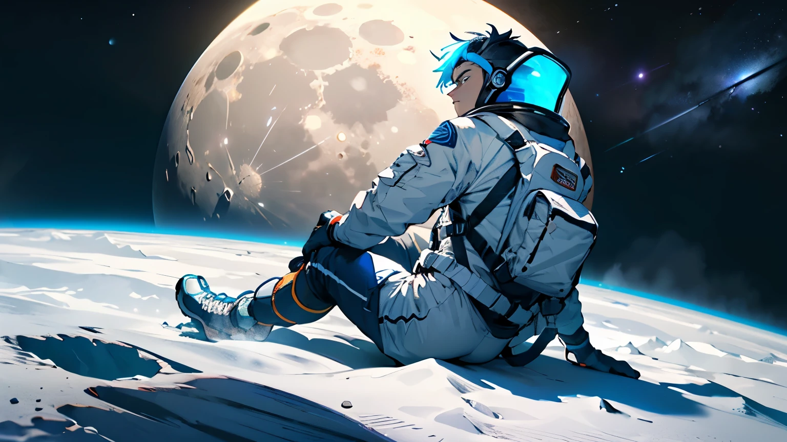 Create an illustration of a space explorer, aged around 28 to 30, wearing modern space attire. The explorer is sitting on the moon, looking towards Earth with a bored expression. The camera perspective should be from behind the explorer, capturing both the back of the explorer and the view of Earth in the sky. The scene should depict the lunar landscape with the Earth prominently visible. The explorer should exude an air of vast knowledge and intelligence, conveying a sense of boredom and disappointment, as if seeing wasted potential in humanity. The scene should evoke feelings of isolation and contemplation.