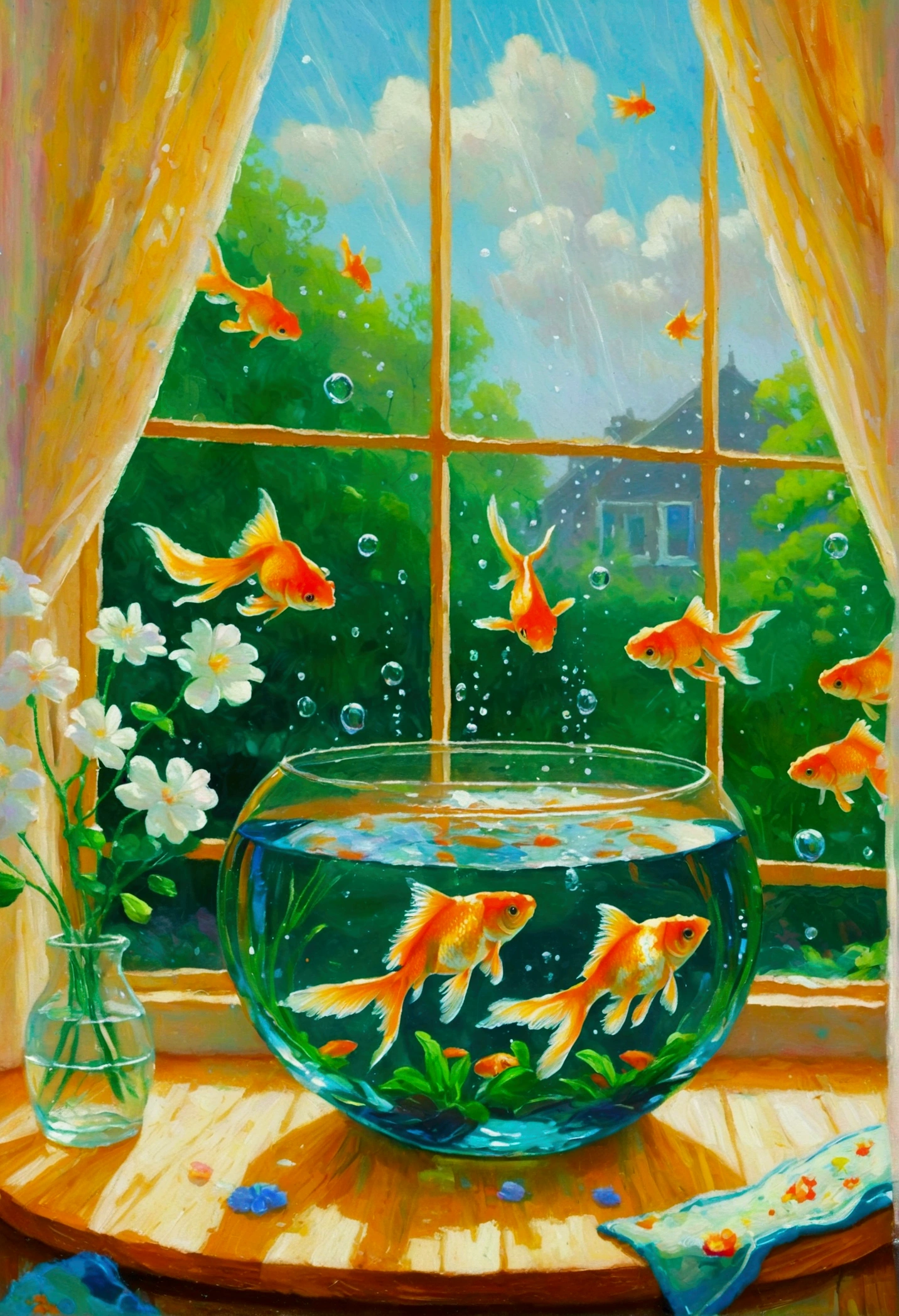 there are many goldfish swimming in a bowl in front of a window, floating goldfish, Fish floating in bedroom, goldfish, Fish, Alexander Kucharsky, Fish swimming, rain，Inspired by mark keathley, Magical Realism, Rob McNaughton, darrell k sweet, Acrylic art, Fishes swim around, Andrei Godeyev, Written byMin Zhen