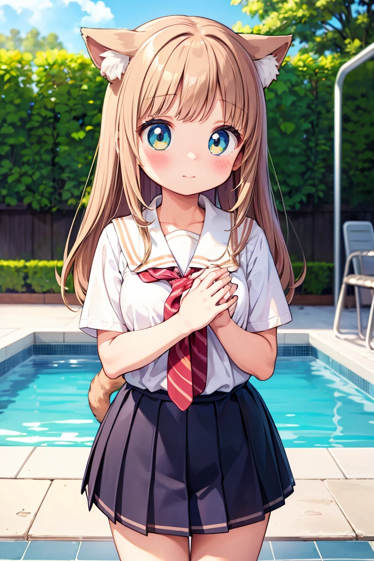 Beautiful illustration, best quality, cute girl, ((Pool at background)), grass, stonebrick path, pastel color, natural tones, Auburn wavy hair, ((Catgirl)), ((School uniform)), shy, embarrased, blush, bright lighting, big eyes, ((Perfect hands))