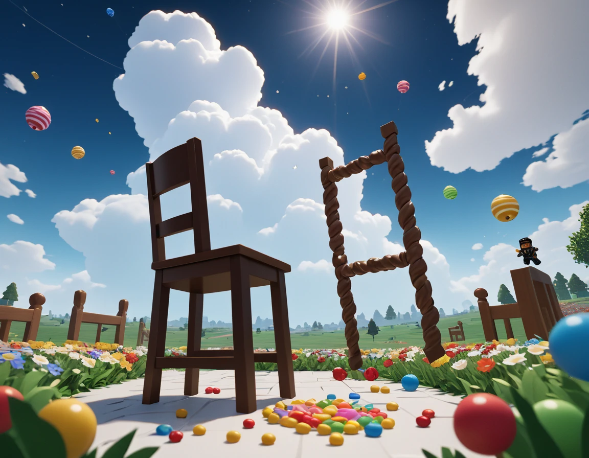 ((masterpiece, highest quality, Highest image quality, High resolution, 8K)) Roblox character jumping from an obstacle to another, scene happens in the sky, clouds around, multiple random obstacles around the character, obstacles consist of random items such as candies, chair, light bulbs, flowers, etc