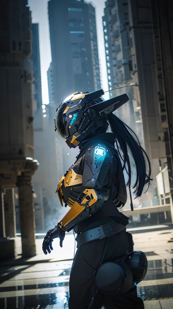 (rainy days:1.3), Dark theme, dark cloude, raiden, realisticlying, complex 3d render ultra detailed of a, best qualtiy, tmasterpiece, Ultra-high resolution, cowboy lens, (realisticlying:1.4), RAW photogr, offcial art, (closeup cleavage, sface focus:1.5), Complex background, absurderes, bblurry, atmospurate, From the side Side, dynamic angle, ((Armed with both hands)), golden glowing, Network helmets, giant mecha, droid, armure, machine arm, sci-fy,without humans,(Wearing a tattered cloak),Stand on the ruins of the old square after the Radiation War,Damaged buildings everywhere,smoke of gunpowder,diamonds,LED,cowboys
