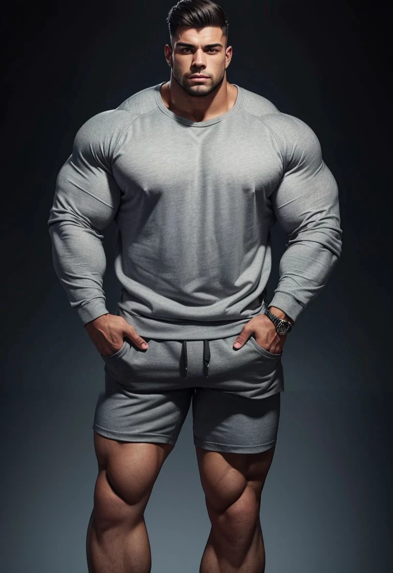 a very handsome young man, with massively large muscles, massively muscular, with massively large biceps, with massively large arms, wearing a simple gray sweatshirt with long sleeves and shorts, on a black background