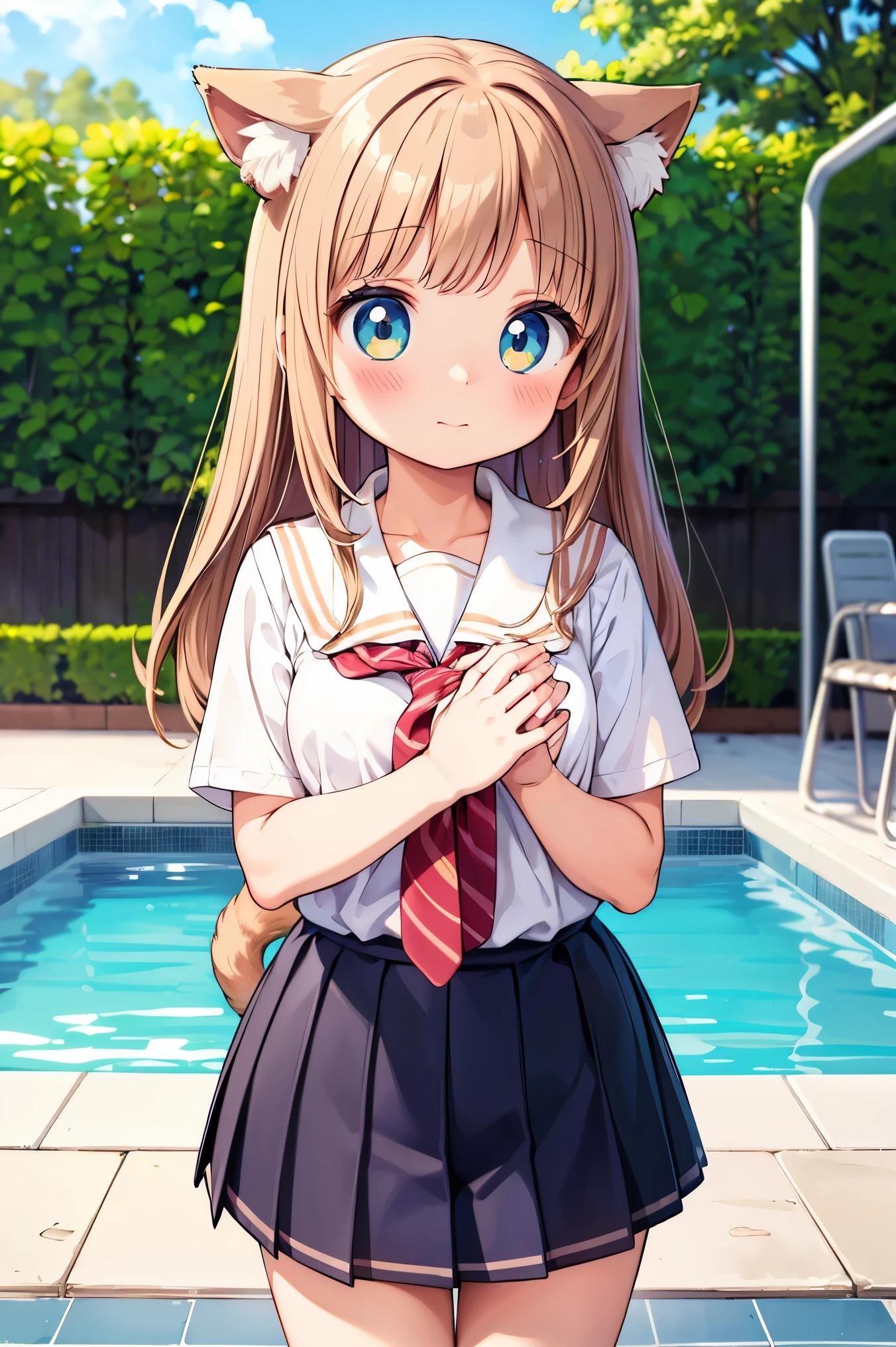 Beautiful illustration, best quality, cute girl, ((Pool at background)), grass, stonebrick path, pastel color, natural tones, Auburn wavy hair, ((Catgirl)), ((School uniform)), shy, embarrased, blush, bright lighting, big eyes, ((Perfect hands))
