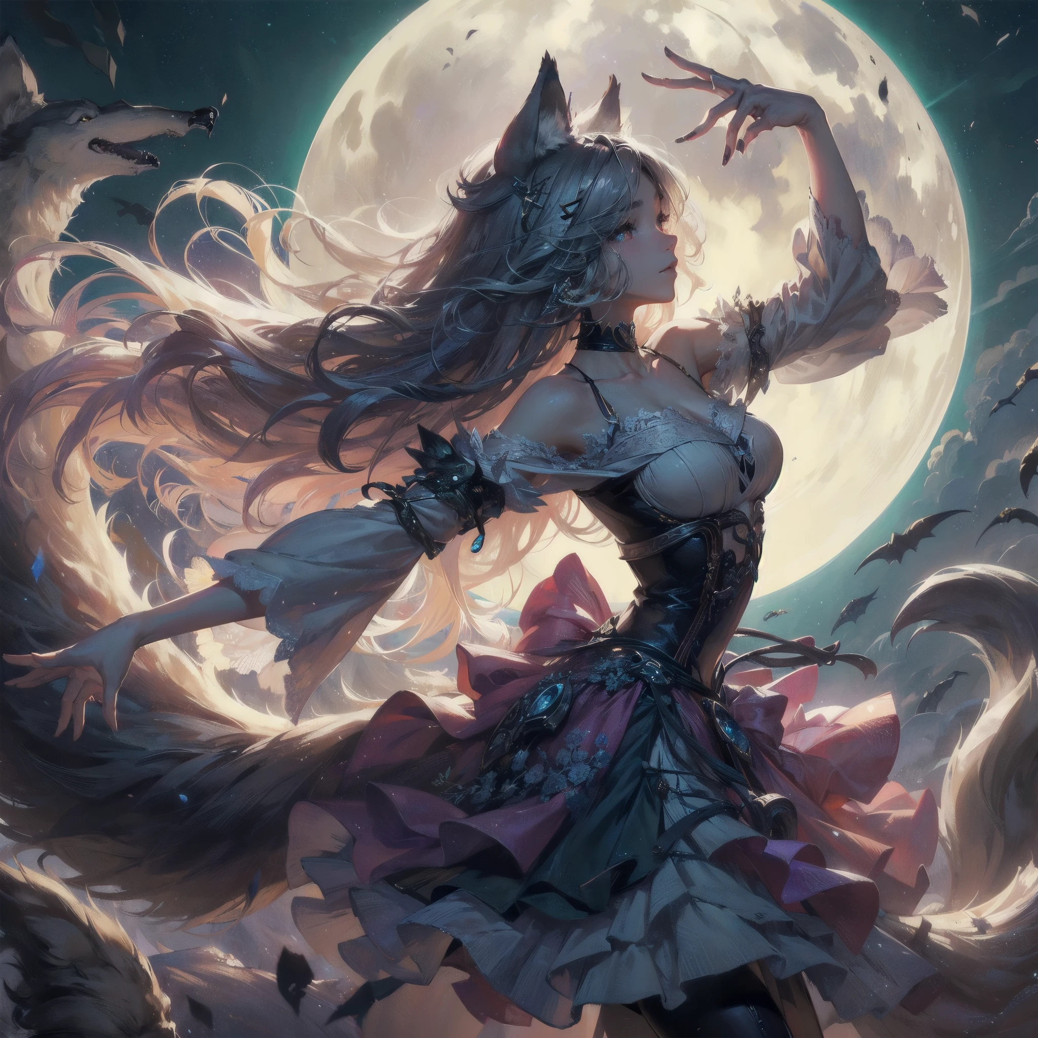 masterpiece, (textured skin), best quality, gorgeous beautiful, (a beautiful girl,wolf ears),detailed clothes,large breasts,narrow waist,, (beautiful face), cinematic lighting, (fantasy anime art ),