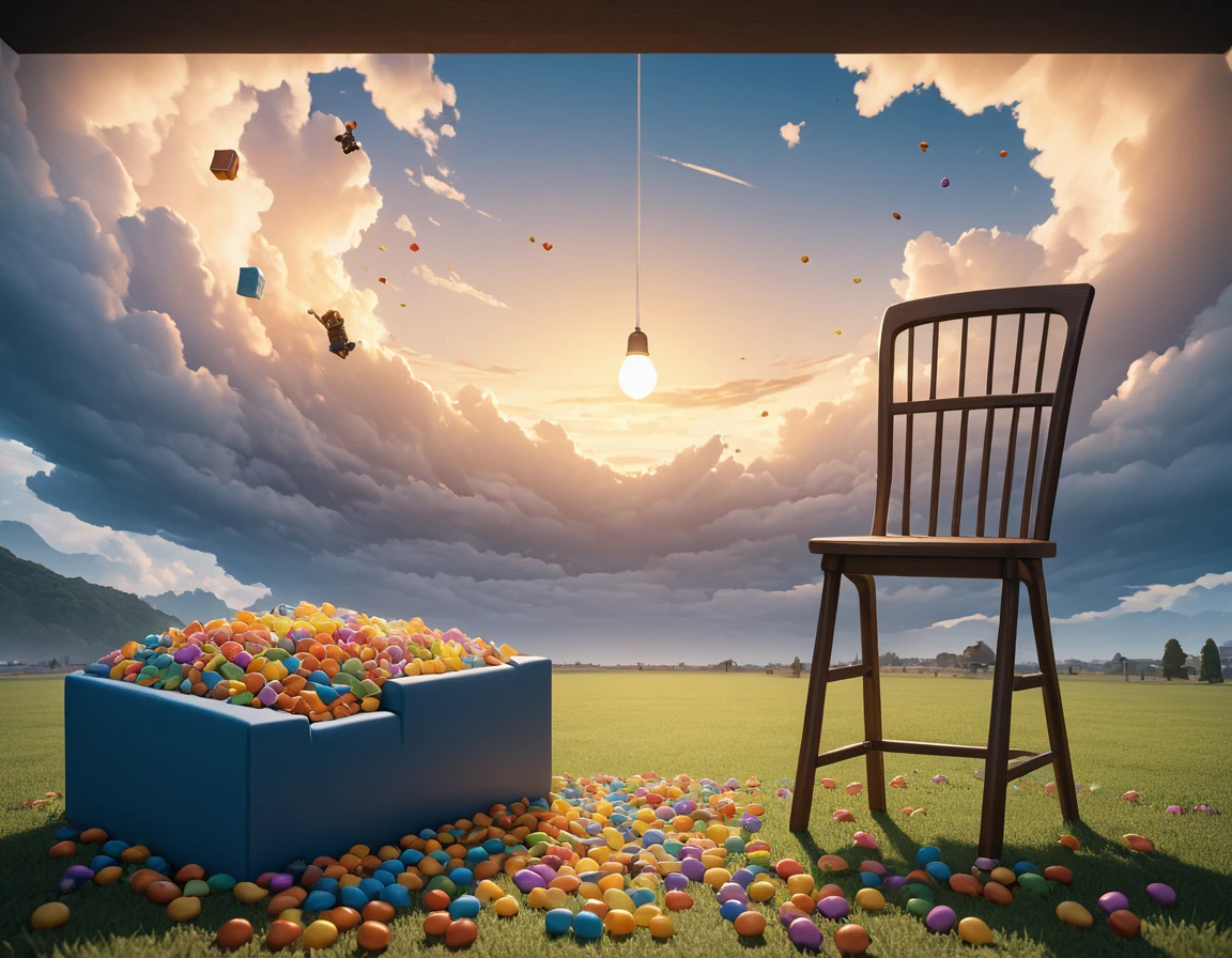 ((masterpiece, highest quality, Highest image quality, High resolution, 8K, drawing)) Roblox character jumping from an obstacle to another, scene happens in the sky, clouds around, multiple random obstacles around the character, obstacles consist of random items such as candies, chair, light bulbs, flowers, etc