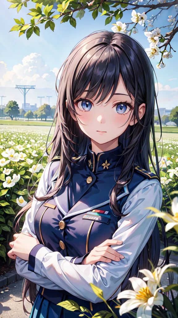 Beautiful woman, uniform, Under the tree with white flowers, Disheveled long hair,Lonely face, Holding flowers, Ultra HD, Realistic, Bright colors, Attention to detail, UHD rendering, Perfect composition, 美しくAttention to detail複合施設