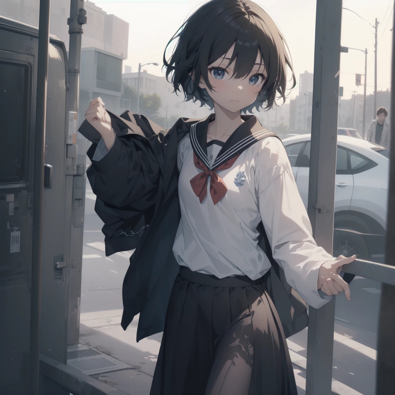 ultra-absurdres-Top quality by artist God, ultra-detailed, high resolution, anime moe artstyle, best anime 8k konachan wallpaper, pixiv contest winner, pool:2810, perfect anatomy,break, 1girl, (Please draw a girl walking sleepily to school alone. )break,(Solo,little female, 13-year-old:1.3),Full limbs, complete fingers,a junior high school student, (very short hair), short cut, flat chest, , small butt, small black eyes, beautiful detailed eyes, well-proportioned iris and pupils, expressive eyes, highres detailed hair, soft expression, salor school_uniform, sailor collar, serahuku, bow, pleated skirt,(Detailed Lighting), (Detailed background), in the School commute route. break,super detailed skin, Best cinematic lighting powered by famous artist, 8k,beauty illustration,photoshop_(medium),very aesthetic,break,((artist:kashikaze )), artist:clamp ,artist:carnelian ,artist:kantoku ,
