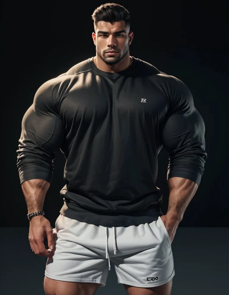 a very handsome young man, with massively large muscles, massively muscular, with massively large biceps, with massively large arms, wearing a simple gray sweatshirt with long sleeves and shorts, on a black background