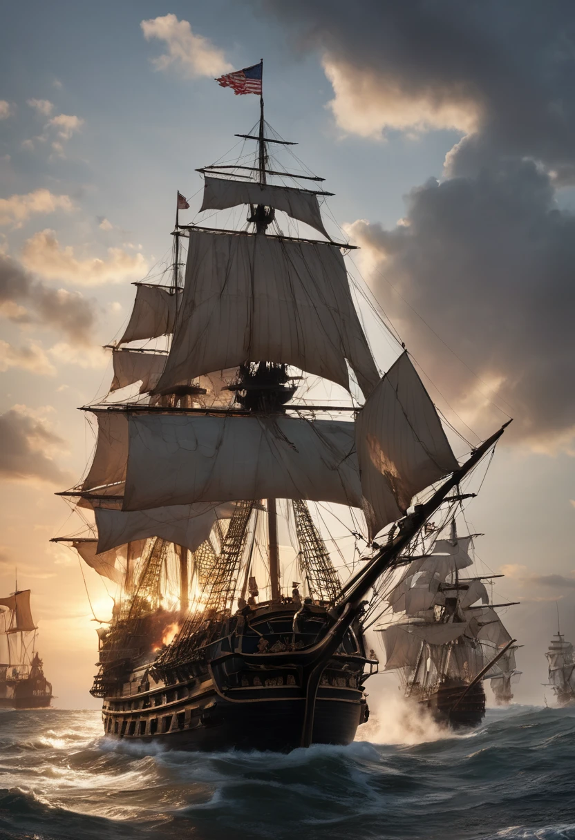 (Captain Horatio Hornblower:1.4)、Battle with Caribbean pirates、(2 Galleons:1.4)、 (Naval battles:1.2)、(Close Combat:1.2)、Caribbean、 (Galleon Fire:1.2)、(Galleon Explosion:1.2)、(Torn sails:1.2)、 (Realistic:1.2)、Very detailed、(intricate details 1.2)、8k, masterpiece,