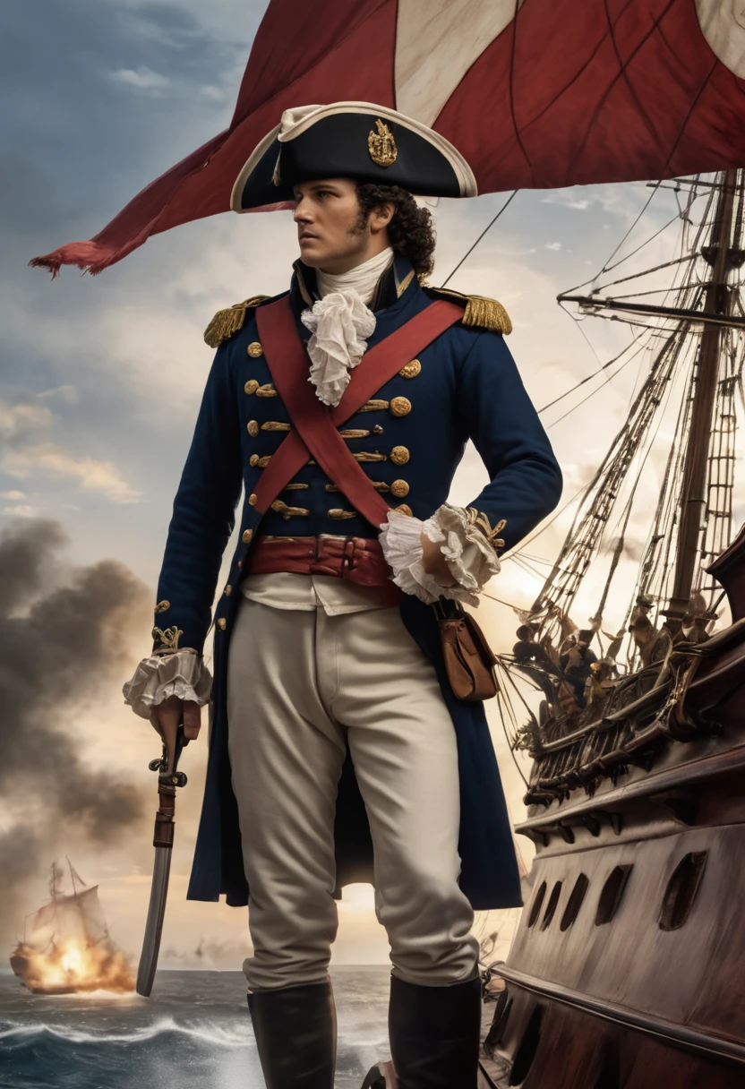(Captain Horatio Hornblower:1.4)、Battle with Caribbean pirates、(2 Galleons:1.4)、 (Naval battles:1.2)、(Close Combat:1.2)、Caribbean、 (Galleon Fire:1.2)、(Galleon Explosion:1.2)、(Torn sails:1.2)、 (Realistic:1.2)、Very detailed、(intricate details 1.2)、8k, masterpiece,