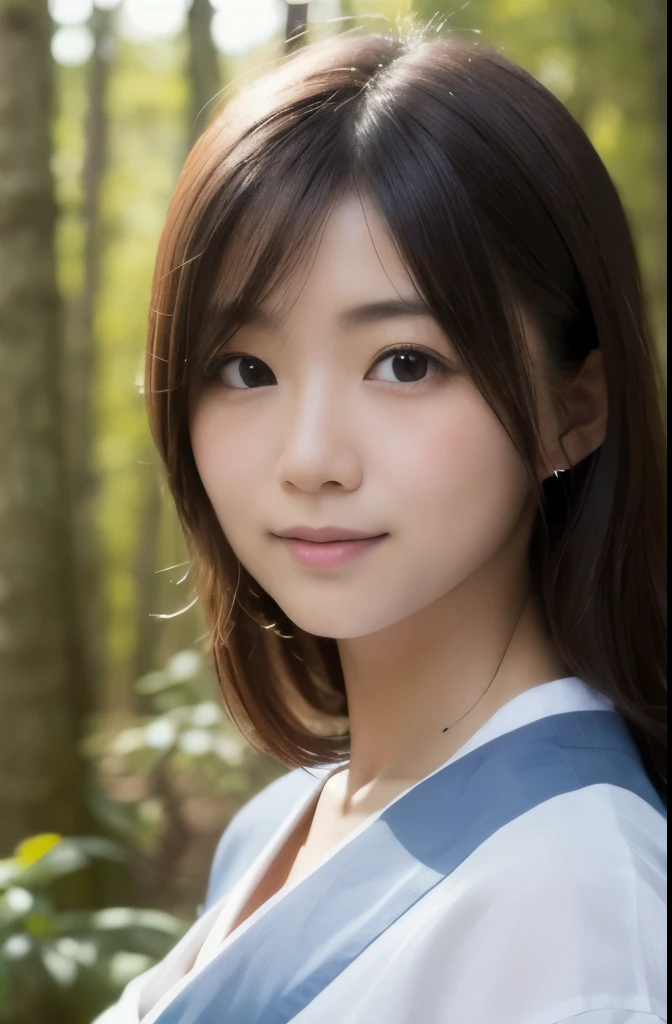 best quality, face focus, soft light, ultra high res, (photorealistic:1.4), RAW photo,(Shinozaki Ai), white skin, kawaii,
1 Japanese girl, solo, cute, smile, (pupil, lights in the eyes), detailed beautiful face, Medium-sized breasts,(high resolution detail of human skin texture),(long hair),(portrait), upper body, white traditional kimono, in the forest,