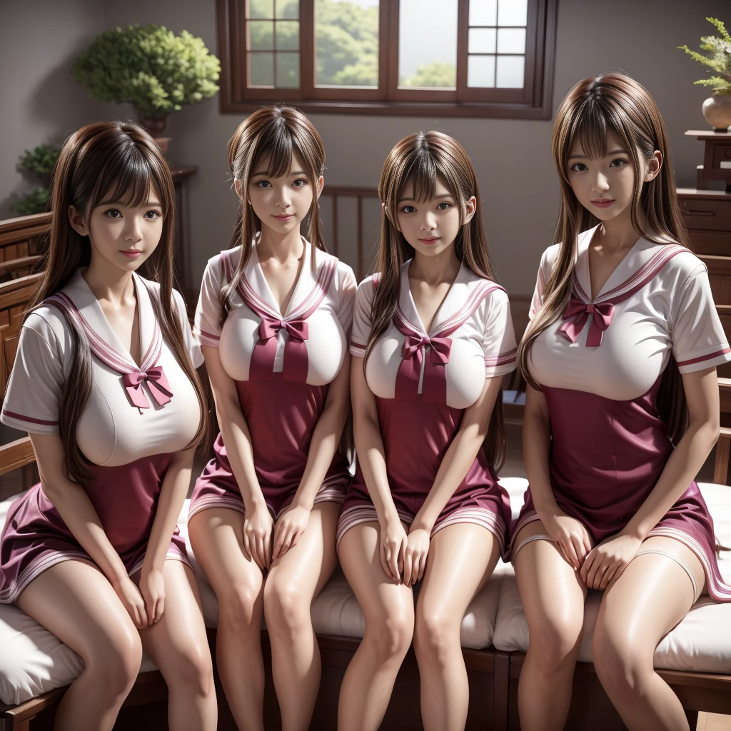 masterpiece, detailed beautiful face, 8K, panorama,
wearing shiny silk pink sailor collar, JK, shiny oiled skin,
impossible breasts, perfect proportion,
bleached pink hair, sexy,
group photo of 7 girls in the night luxurious silk bedroom