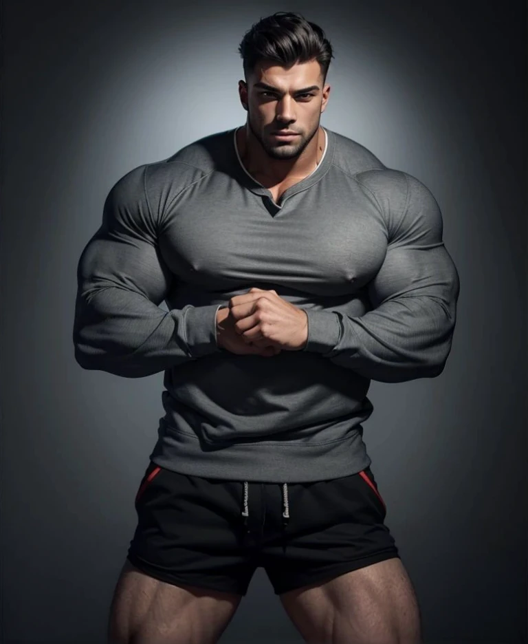 a very handsome young man, with massively large muscles, massively muscular, with massively large biceps, with massively large arms, wearing a simple gray sweatshirt with long sleeves and shorts, on a black background