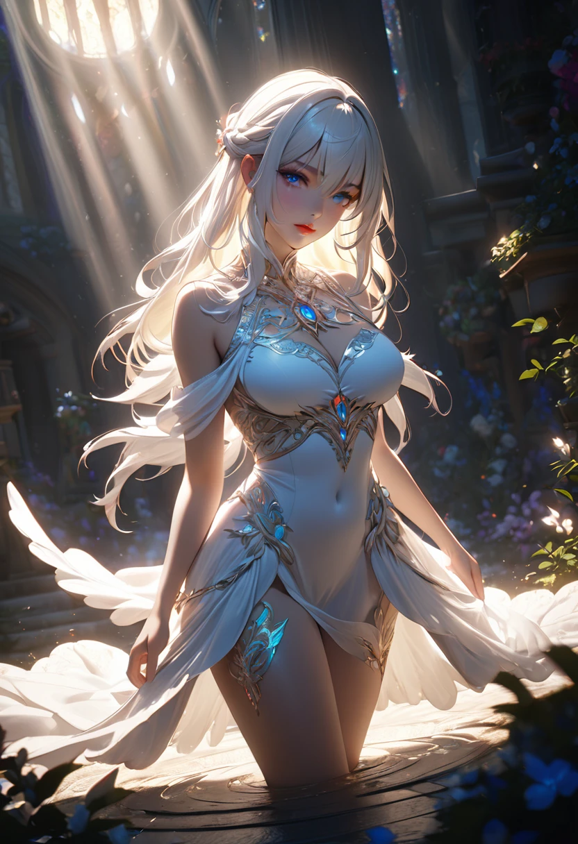 a beautiful goddess with long white hair, divine aura, large bust, light clothing, bright white eyes, luscious lips, (best quality,4k,8k,highres,masterpiece:1.2),ultra-detailed, intricate details, glowing skin, dramatic lighting, ethereal, fantasy, cinematic composition, volumetric lighting, chiaroscuro, vibrant colors, dramatic shadows, full body