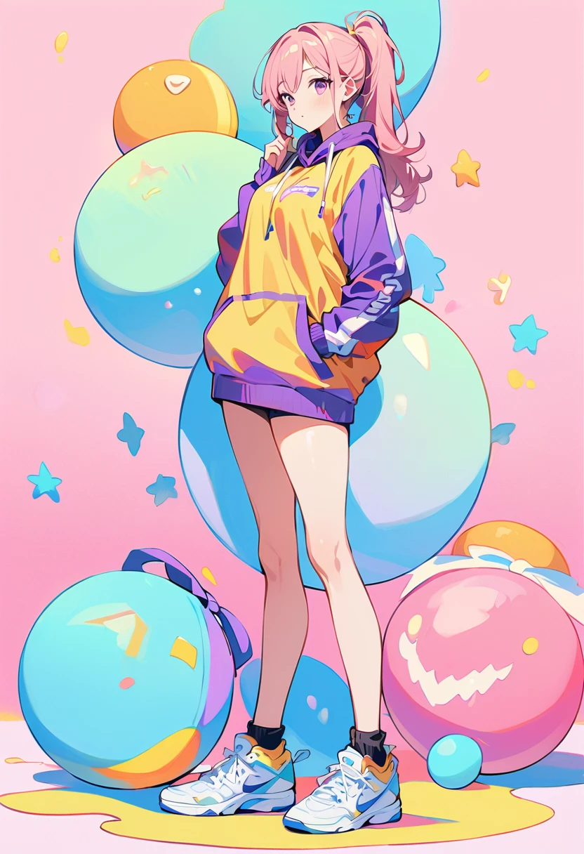 (masterpiece, Highest quality:1.2), ((Sexy and sporty woman)),1 person, A loose fitting jumper, short, Basketball Shoes, Ankle socks, whole body, pastel colour,((Beautiful composition)),Anatomically correct,