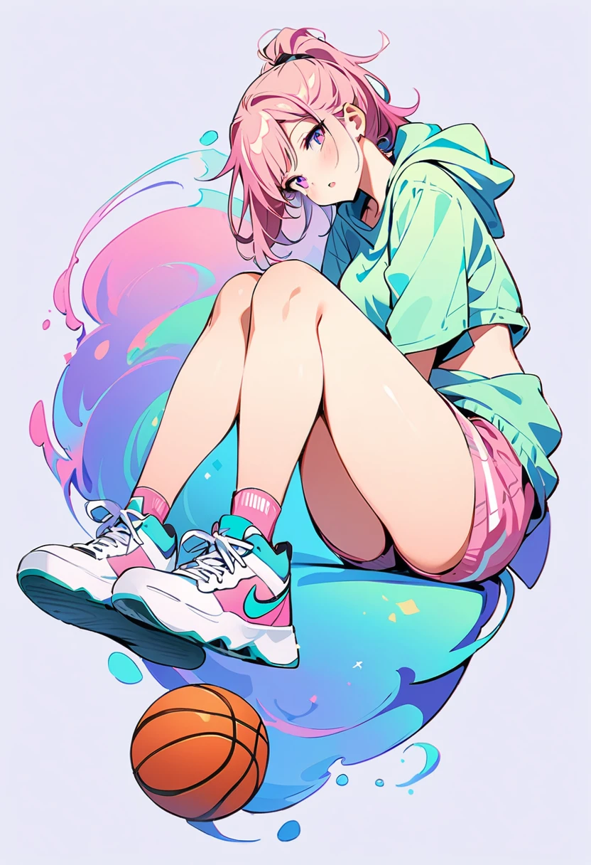 (masterpiece, Highest quality:1.2), ((Sexy and sporty woman)),1 person, A loose fitting jumper, short, Basketball Shoes, Ankle socks, whole body, pastel colour,((Beautiful composition)),Anatomically correct,