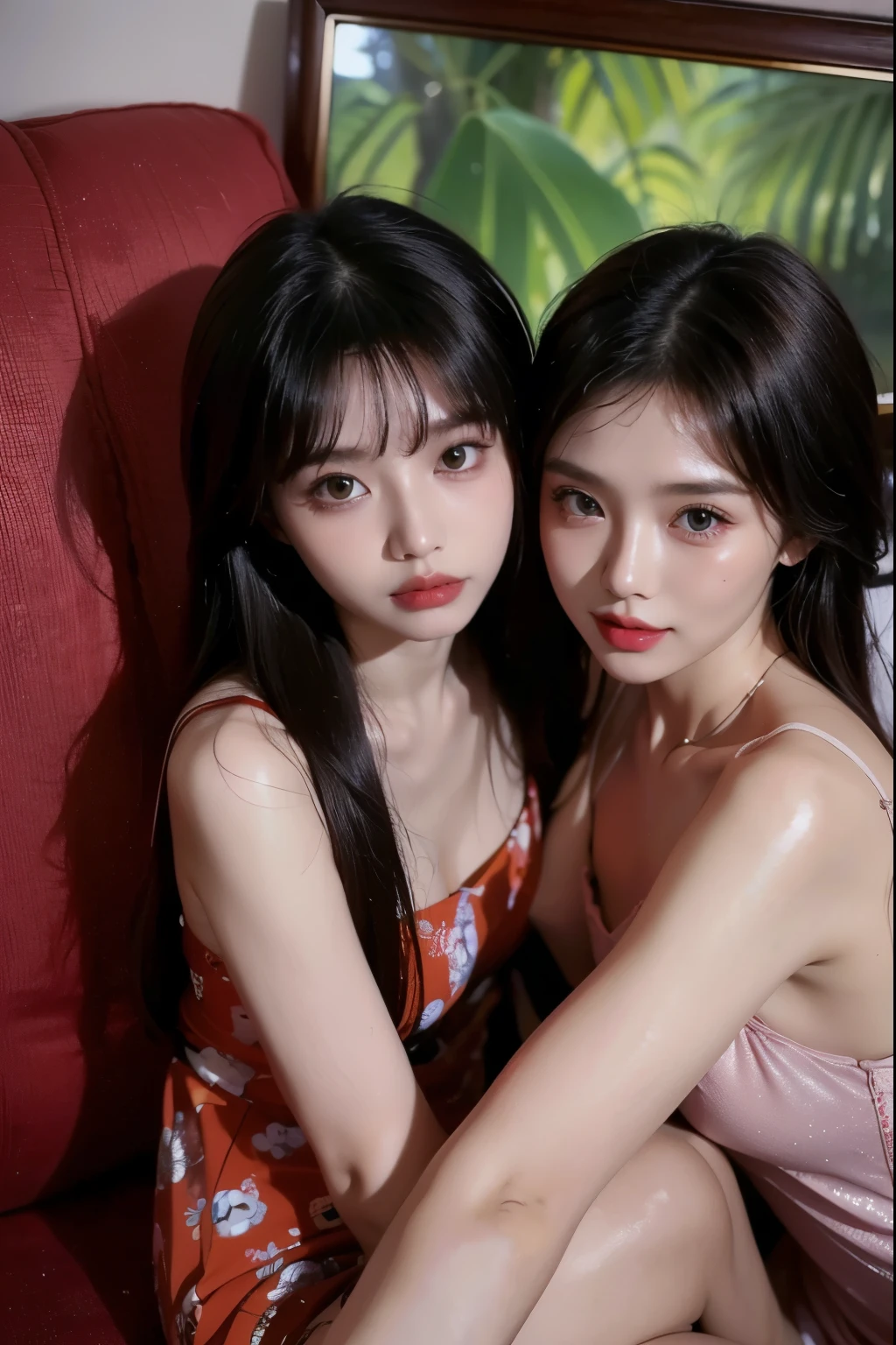 Two women posing for a photo in a room with a sofa, 8k selfie photograph, nixeu and sakimichan, With Ivy, exclusive, 🤬 🤮 💕 🎀, Ruan Jia and Art Jereum, 8k)), SSAO 8k, Chassis, Yanjun Chengt, 🔞🤡, Ruanjia is pretty!