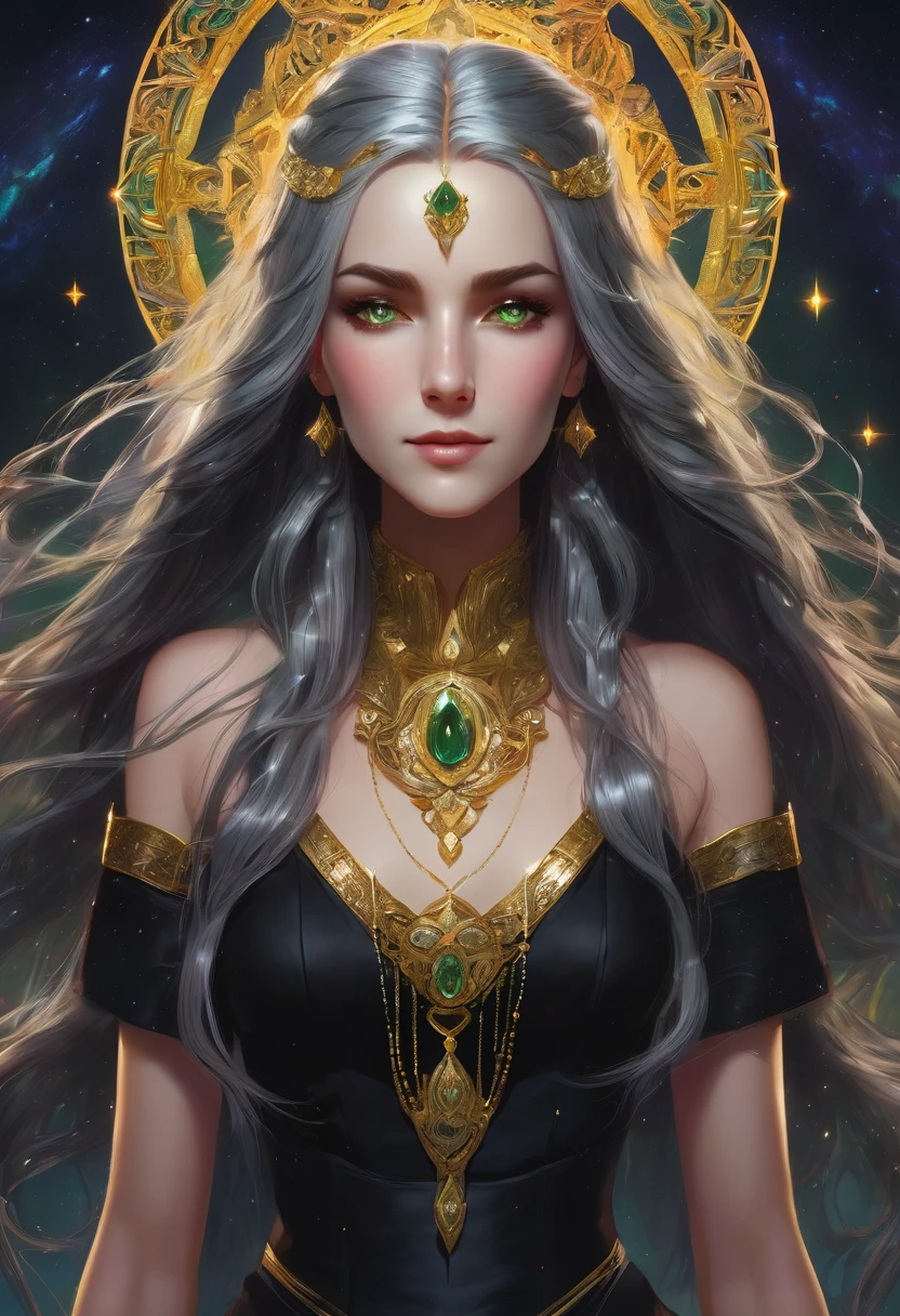 Create an image of a vtuber, long gray hair with braid, green eyes, low-cut black dress with gold details, centered, symmetry, painted, intricate, volumetric lighting, beautiful masterpiece of deep rich colors, sharp focus, ultra detailed, in the style of Dan Mumford and Marc Simonetti, astrophotography