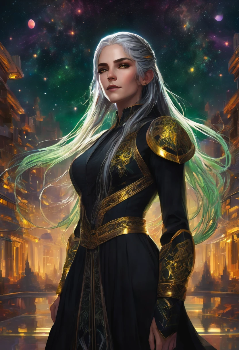 Create an image of a vtuber, long gray hair with braid, green eyes, low-cut black dress with gold details, centered, symmetry, painted, intricate, volumetric lighting, beautiful masterpiece of deep rich colors, sharp focus, ultra detailed, in the style of Dan Mumford and Marc Simonetti, astrophotography