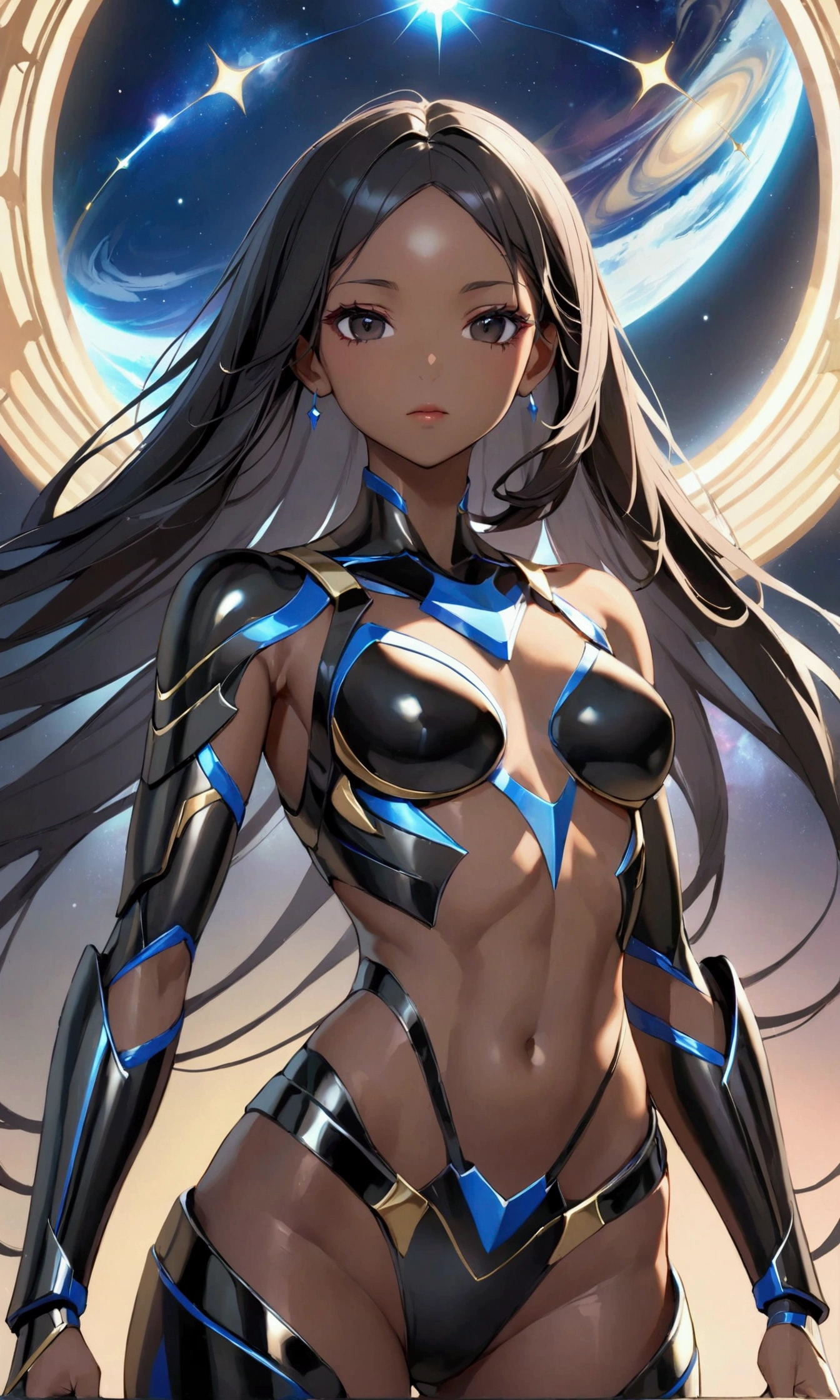 A girl with long dark black hair, dark black eyes, fair skin tone, slender and athletic built, cosmic armour, detailed hair, detailed body, aesthetic, best quality, 8k