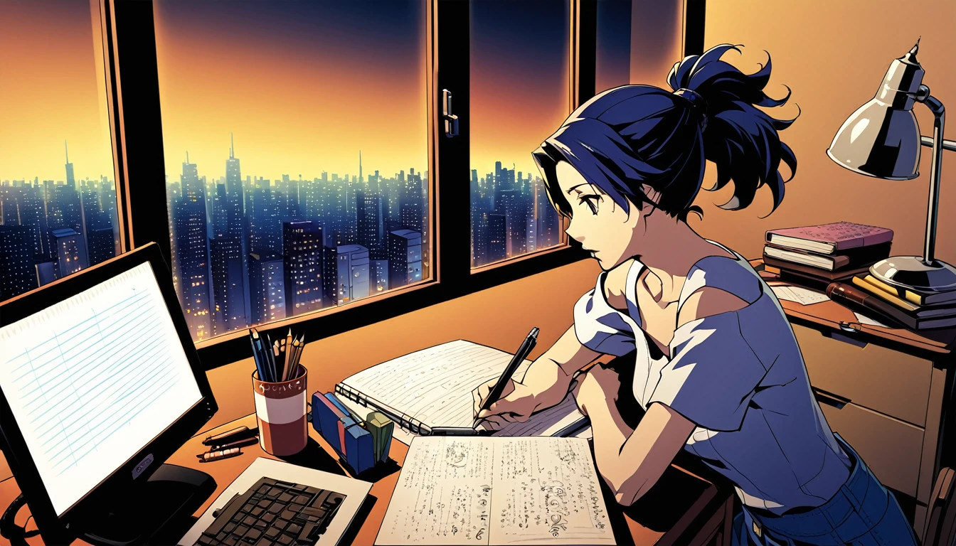 A nighttime cityscape serves as the backdrop for an anime-style illustration. The scene features a young woman sitting at a desk, writing in a notebook while studying. Rain is falling outside, with droplets visible on the window, and the city lights create a vibrant urban atmosphere. Inside the room, a desk lamp illuminates the woman and her workspace, casting a warm glow. The woman, styled in the characteristic look of manga artist Eguchi Hisashi, has long hair tied back in a ponytail and is dressed in a relaxed, off-shoulder top. She is focused on her notebook, writing with a pen. The desk is equipped with various items, including a cup filled with pencils and pens. The overall ambiance reflects a quiet, concentrated nighttime study session, highlighting both the tranquility of the city night and the woman's dedication.