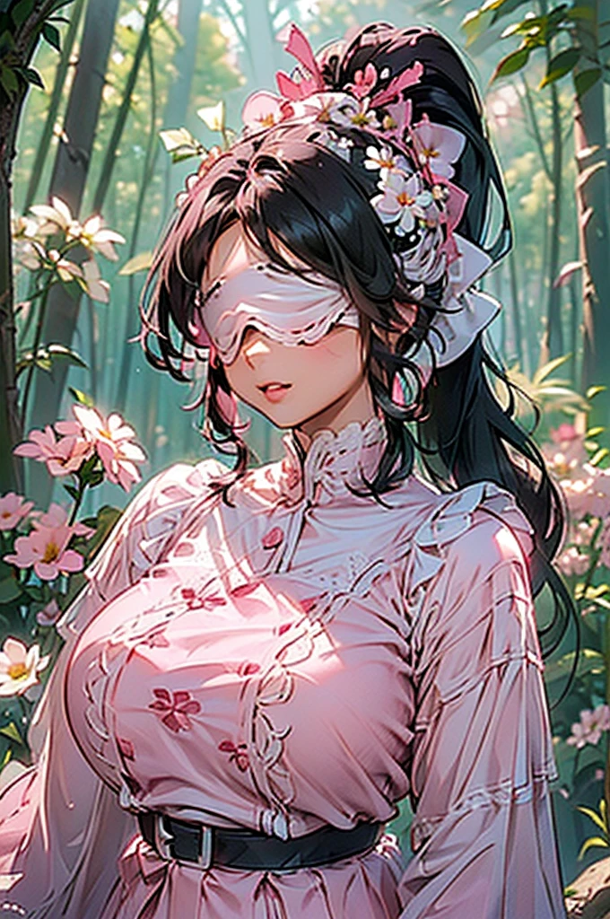 (((beautiful))), (((Flower blindfold, Eyes covered with flowers, Cute white and pink outfit))), ((Black Hair, ponytail, Chubby)), One Woman, Huge Saggy Tits, Glowing Skin, (((Intricate details))), High resolution, ((Intricate details, Ultra-detailed)), whole body, Are standing, Red cheeks, Mouth open, in the forest