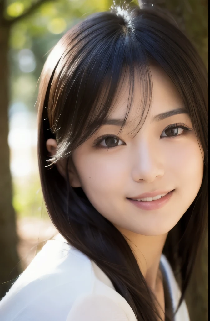 best quality, face focus, soft light, ultra high res, (photorealistic:1.4), RAW photo,(Shinozaki Ai), white skin, kawaii,
1 Japanese girl, solo, cute, smile, (pupil, lights in the eyes), detailed beautiful face, Medium-sized breasts,(high resolution detail of human skin texture),(long hair),(portrait), upper body, white traditional kimono, in the forest,
