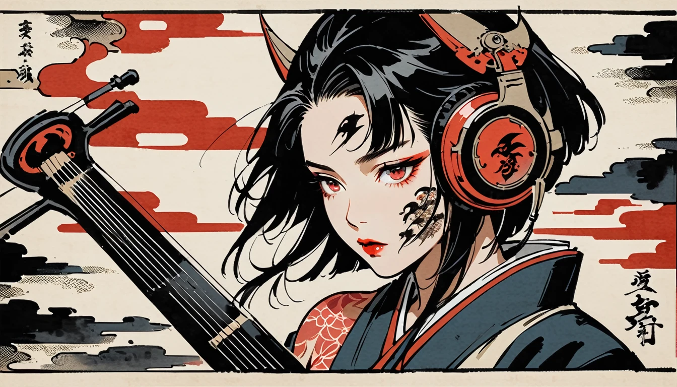 Ink Painting, (((1 person))), (((Tattoo on face))), (((Japanese String Instruments))), Japanese style headphones, Beautiful girl possessed by a demon, Black Hair, Red eyes, Delicate and precise, Modern ukiyo-e style